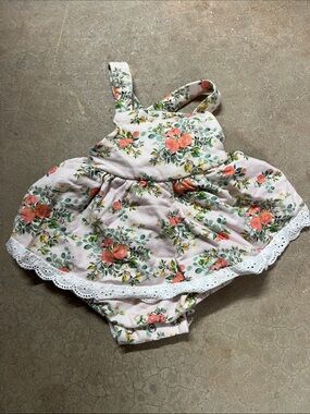 Pink Floral Baby Dress Romper with Lace Trim